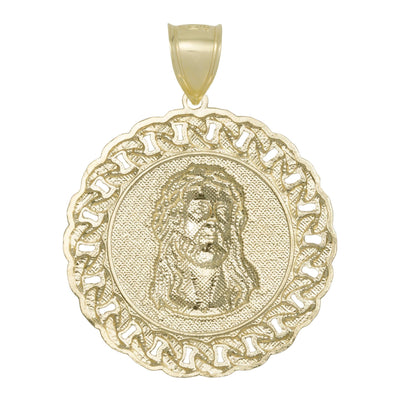 2 1/2" Diamond-Cut Curb Link Framed Jesus Medallion Pendant 10K Yellow Gold - bayamjewelry
