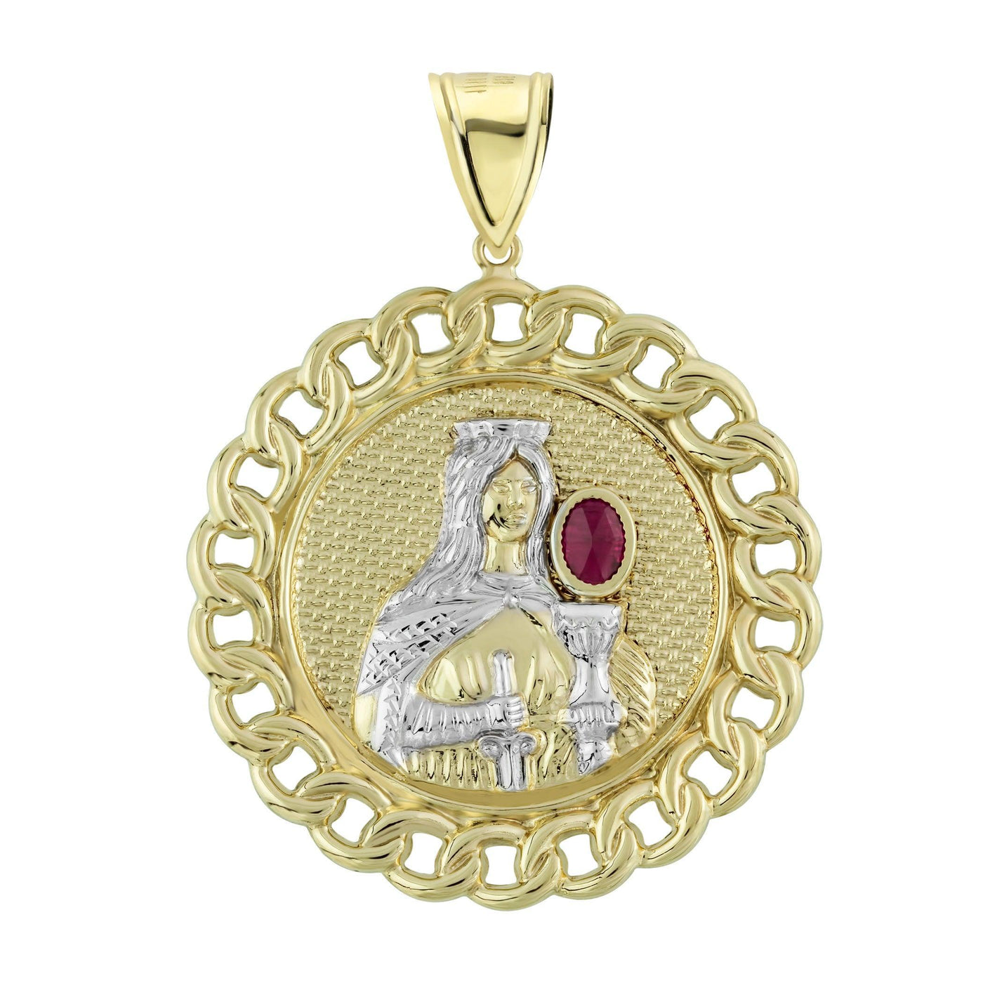 2 1/2" Saint Barbara Medallion Miami Cuban Pendant Ruby 10K Yellow Gold - bayamjewelry