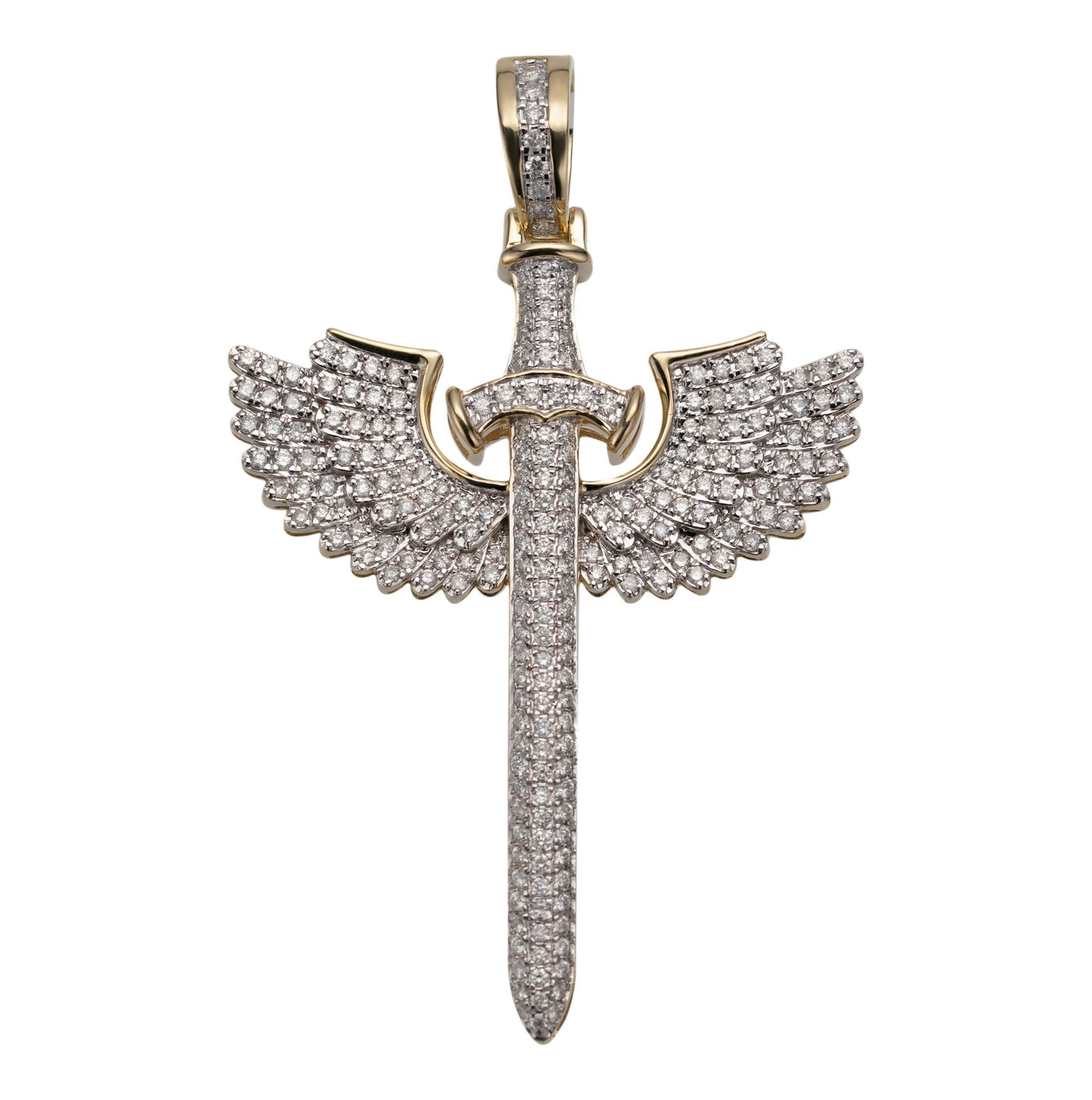 2 1/2" Wing & Sword Diamond Pendant 2.15ct 14K Yellow Gold - bayamjewelry