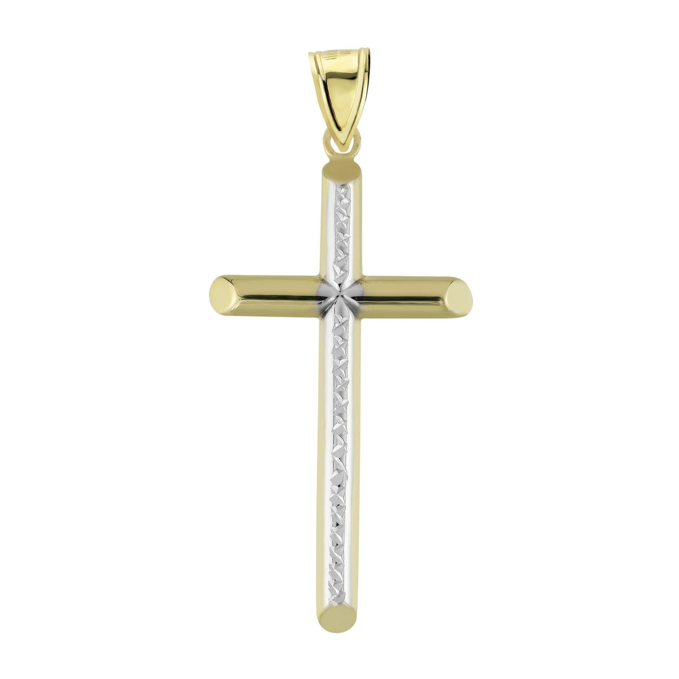 2 1/4" Cross Diamond Cut Two-Tone Tube Charm Pendant 10K Yellow Gold - bayamjewelry