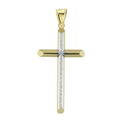 2 1/4" Cross Diamond Cut Two-Tone Tube Charm Pendant 10K Yellow Gold - bayamjewelry