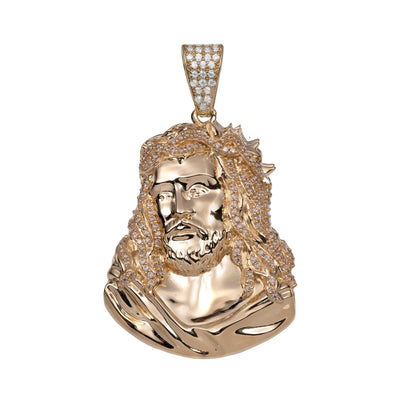 2 1/4" CZ Shiny Face Of Jesus Pendant 14K Yellow Gold - bayamjewelry