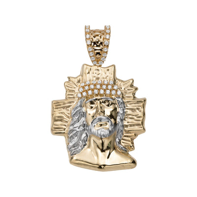 2 1/4" CZ Textured Face Of Jesus Cross Pendant 14K Yellow Gold - bayamjewelry