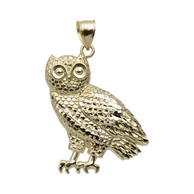 2 1/4" Diamond-Cut Owl Pendant 10K Yellow Gold - bayamjewelry
