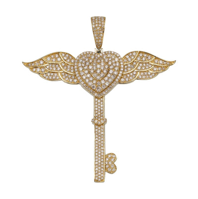 2 1/4" Heart & Angel Wings Key Diamond Pendant 2.60ct 14K Yellow Gold - bayamjewelry