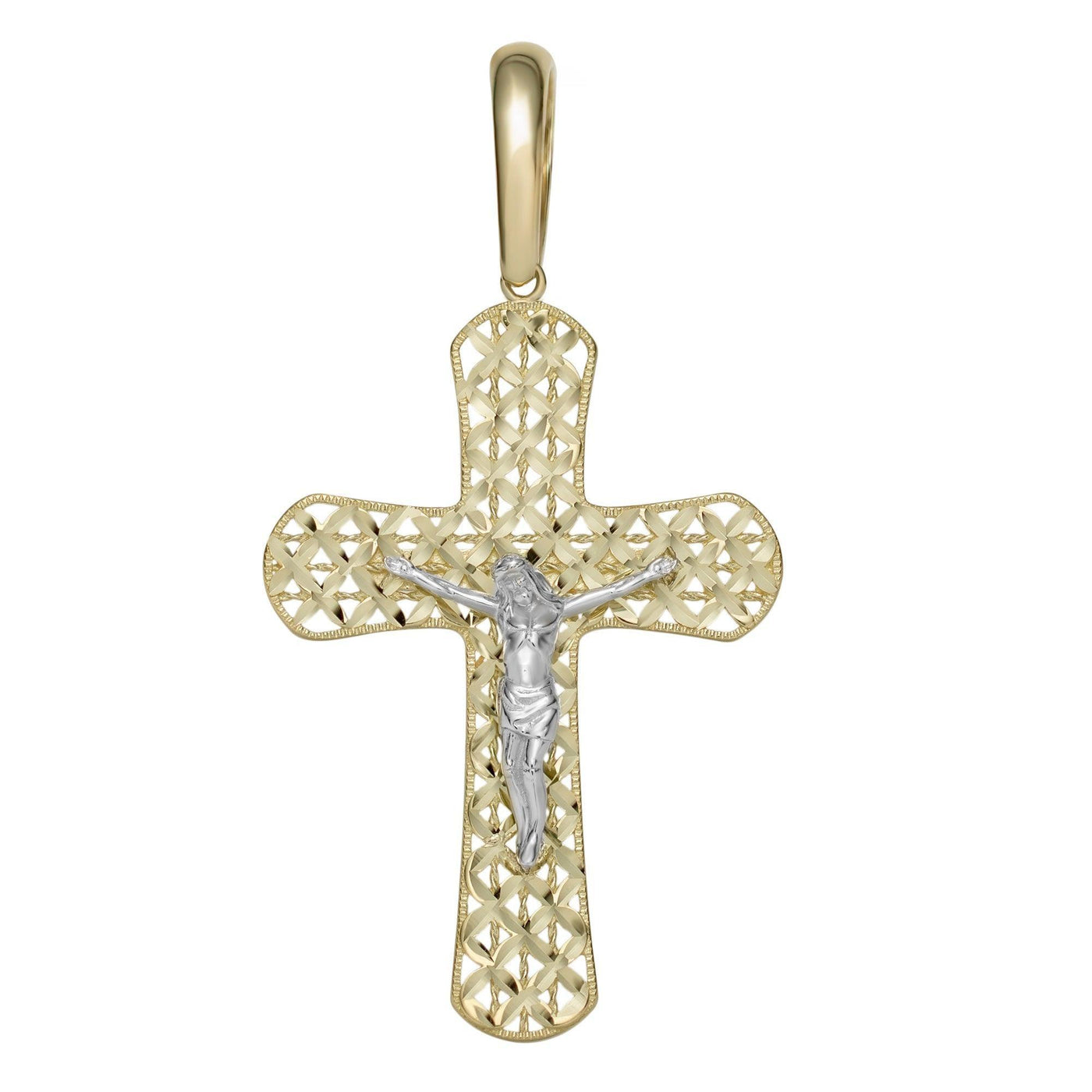 2 1/4" Textured Back Jesus Cross Crucifix Two-Tone Pendant 10K Yellow Gold - bayamjewelry