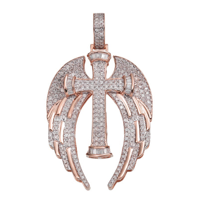 2 1/8" Angel Wings Cross Diamond Pendant 2.15ct 14K Rose Gold - bayamjewelry