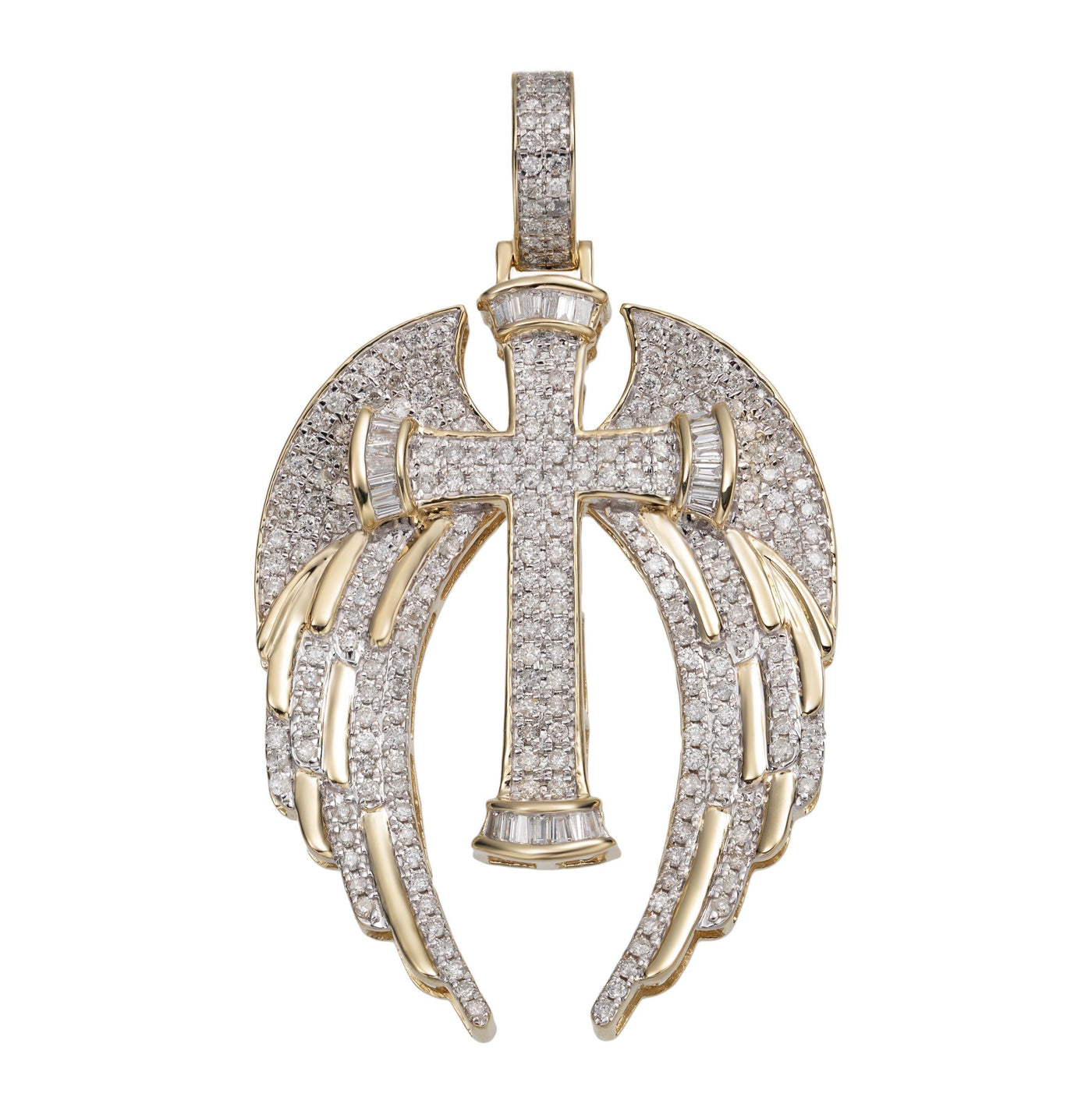 2 1/8" Angel Wings Cross Diamond Pendant 2.15ct 14K Yellow Gold - bayamjewelry