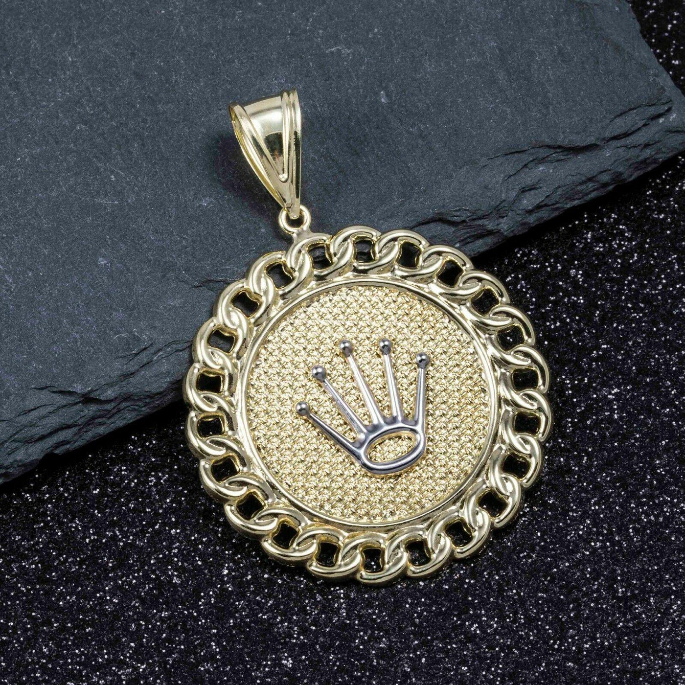 2 1/8" Crown Miami Curb Bordered Medallion Pendant 10K Yellow Gold - bayamjewelry