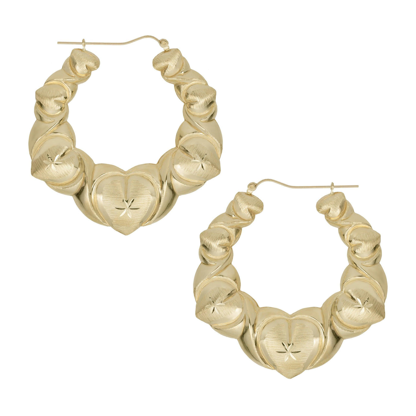 2 1/8" Textured Graduated Heart Hoop Earrings 10K Yellow Gold - bayamjewelry