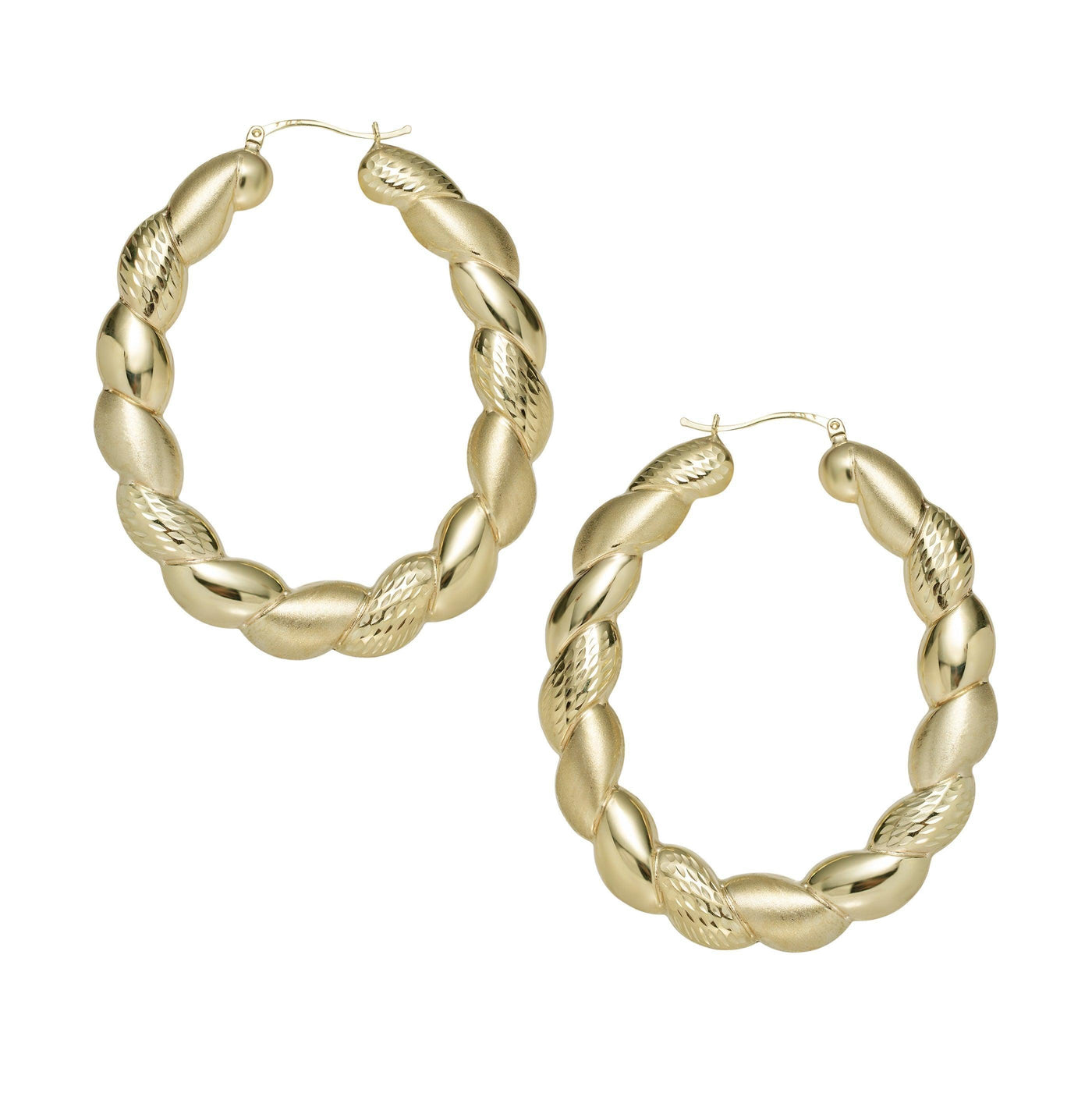 2 3/4" Large Twisted Diamond Cut Bamboo Hoop Earrings 14K Yellow Gold - bayamjewelry