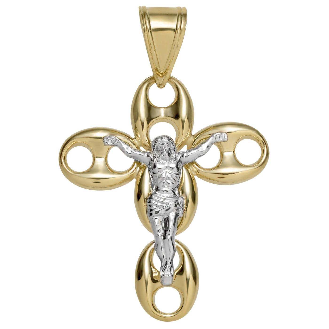 2 3/4" Puffed Gucci Link Jesus Crucifix Cross Pendant 10K Yellow Gold - bayamjewelry