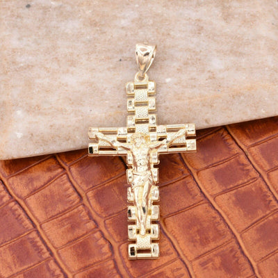 2 3/4" Rlx Railroad Cross Jesus Body Textured Pendant 10K Yellow Gold - bayamjewelry