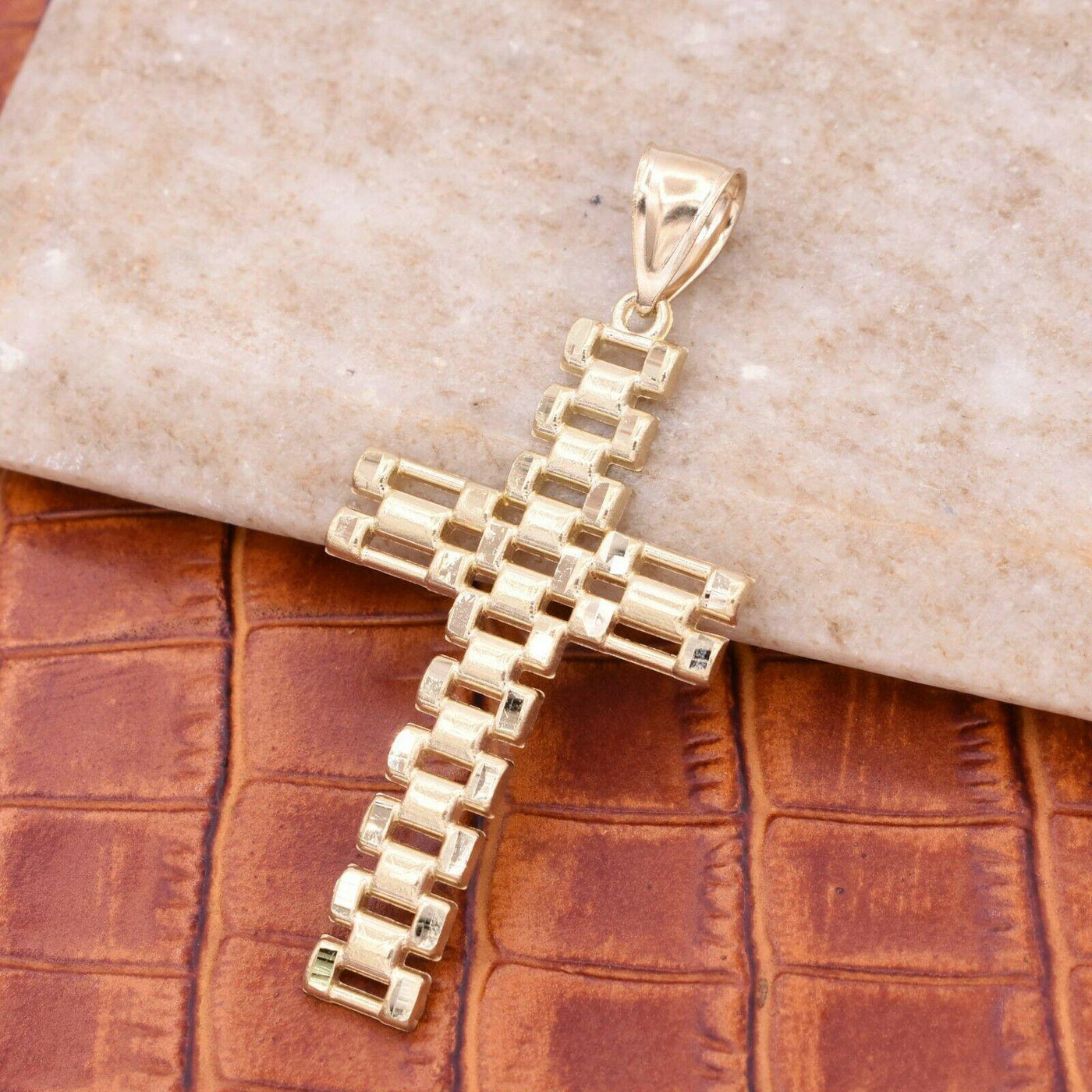 2 3/4" Rlx Railroad Cross Textured Pendant 10K Yellow Gold - bayamjewelry