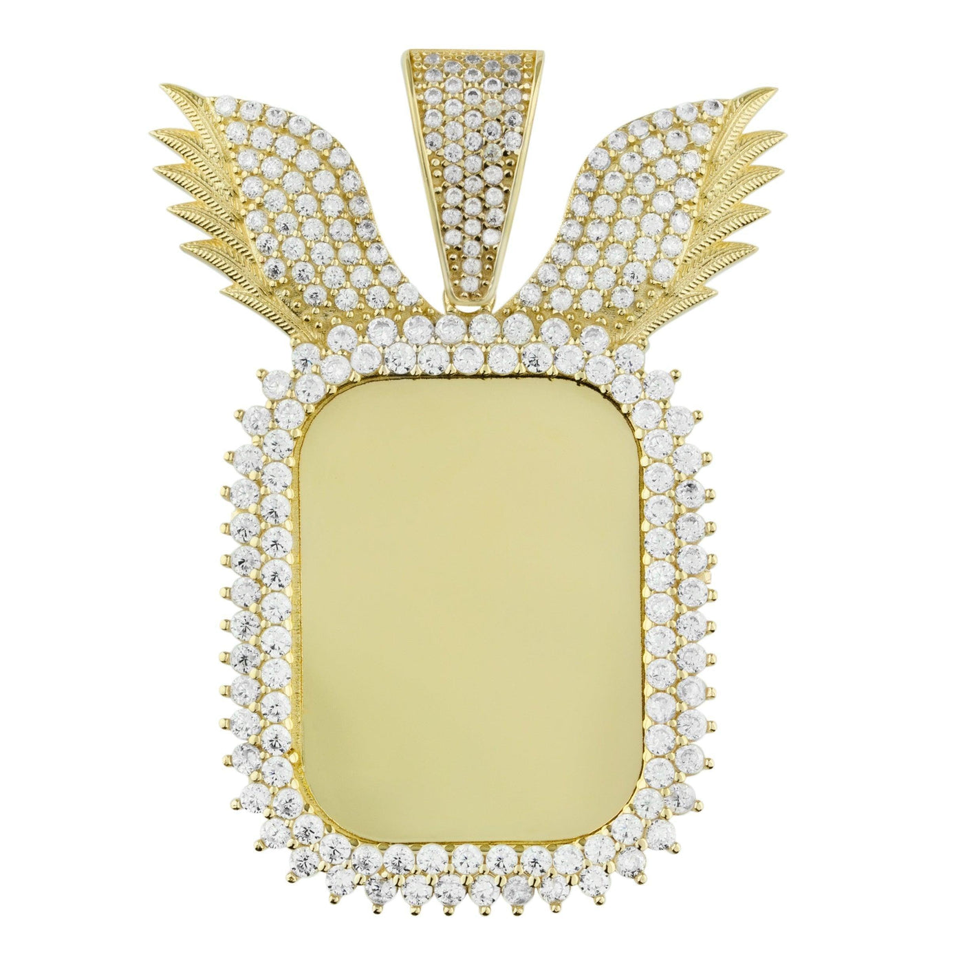 2" Angel Wing Medallion Picture Memory Square CZ Pendant 10K Yellow Gold - bayamjewelry