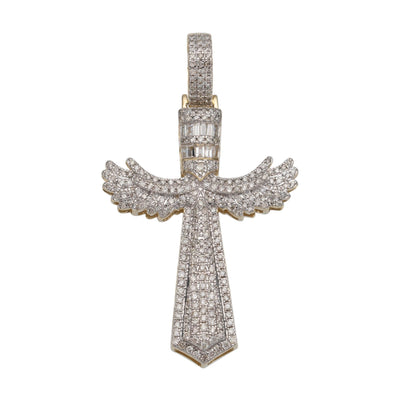 2" Angel Wings Cross Diamond Pendant 1.76ct 14K Yellow Gold - bayamjewelry