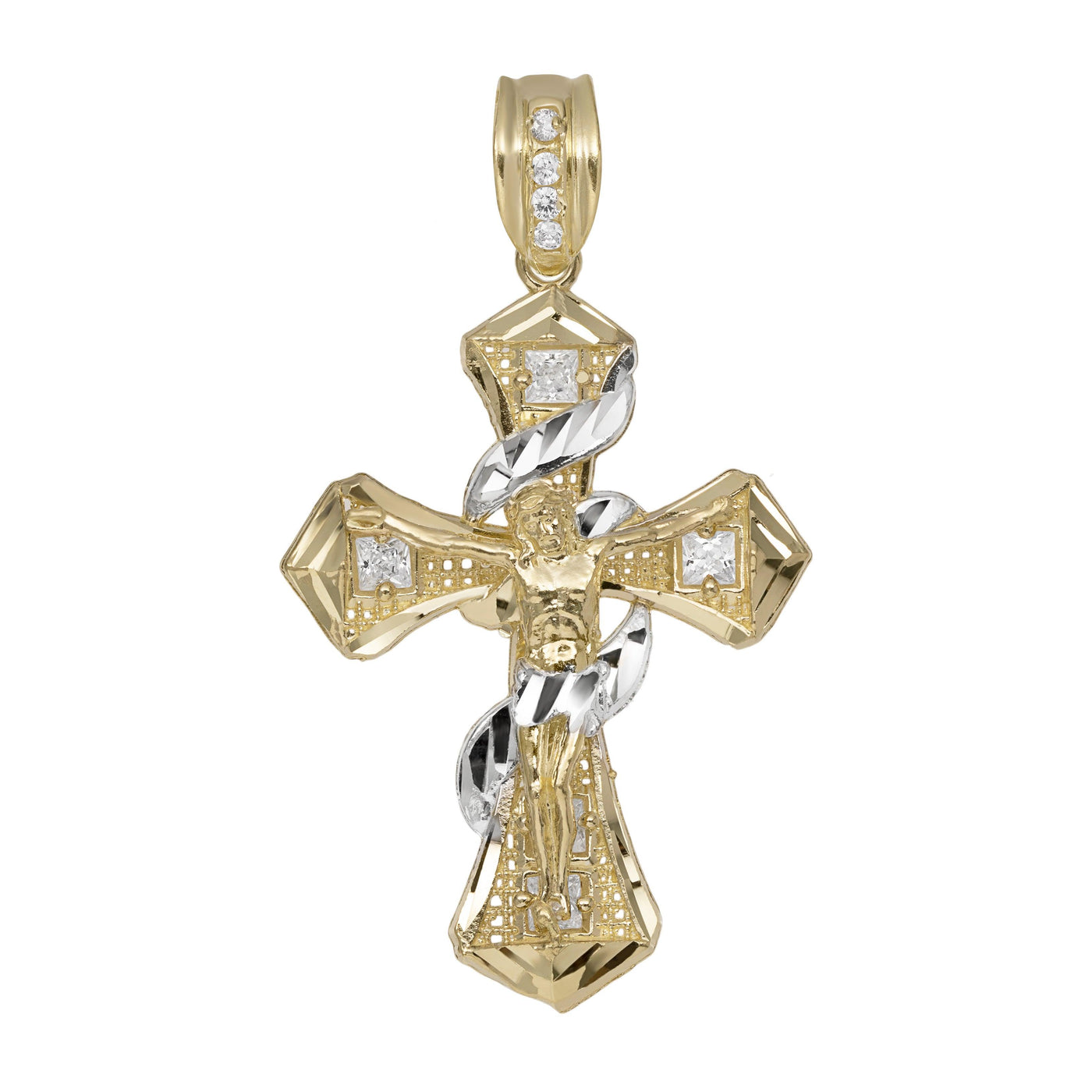 2" CZ Crucifix Cross Jesus Pendant 10K Yellow Gold - bayamjewelry