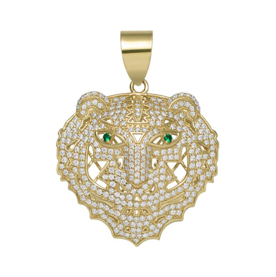 2" CZ Tiger Head with Emerald Eyes Pendant 10K Yellow Gold - bayamjewelry