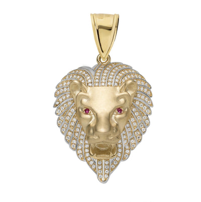 2" Men's Roaring Lion Head CZ Ruby Eyes Pendant SOLID 10K Yellow Gold - bayamjewelry