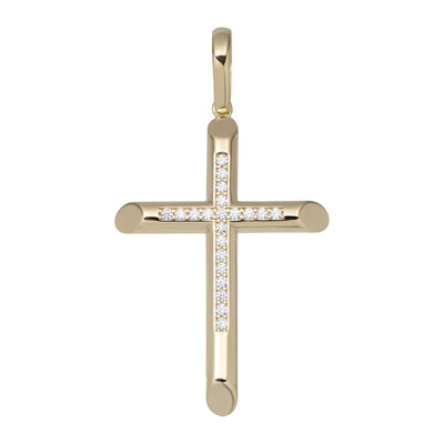 2" Polished CZ Cross Pendant Solid 14K Yellow Gold - bayamjewelry