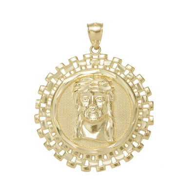 2" Railroad Framed Face of Jesus Medallion Pendant Charm 10K Yellow Gold - bayamjewelry