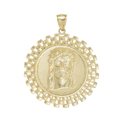 2" Railroad Framed Face of Jesus Medallion Pendant Charm 10K Yellow Gold - bayamjewelry