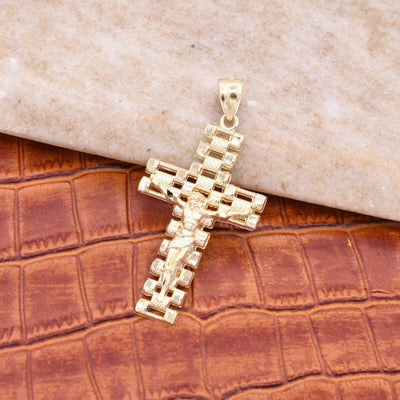 2" Rlx Railroad Cross Jesus Body Textured Pendant 10K Yellow Gold - bayamjewelry
