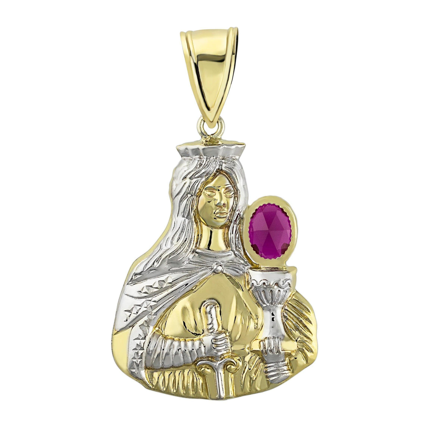 2" Saint Barbara Diamond Cut Ruby Pendant 10K Yellow Gold - bayamjewelry
