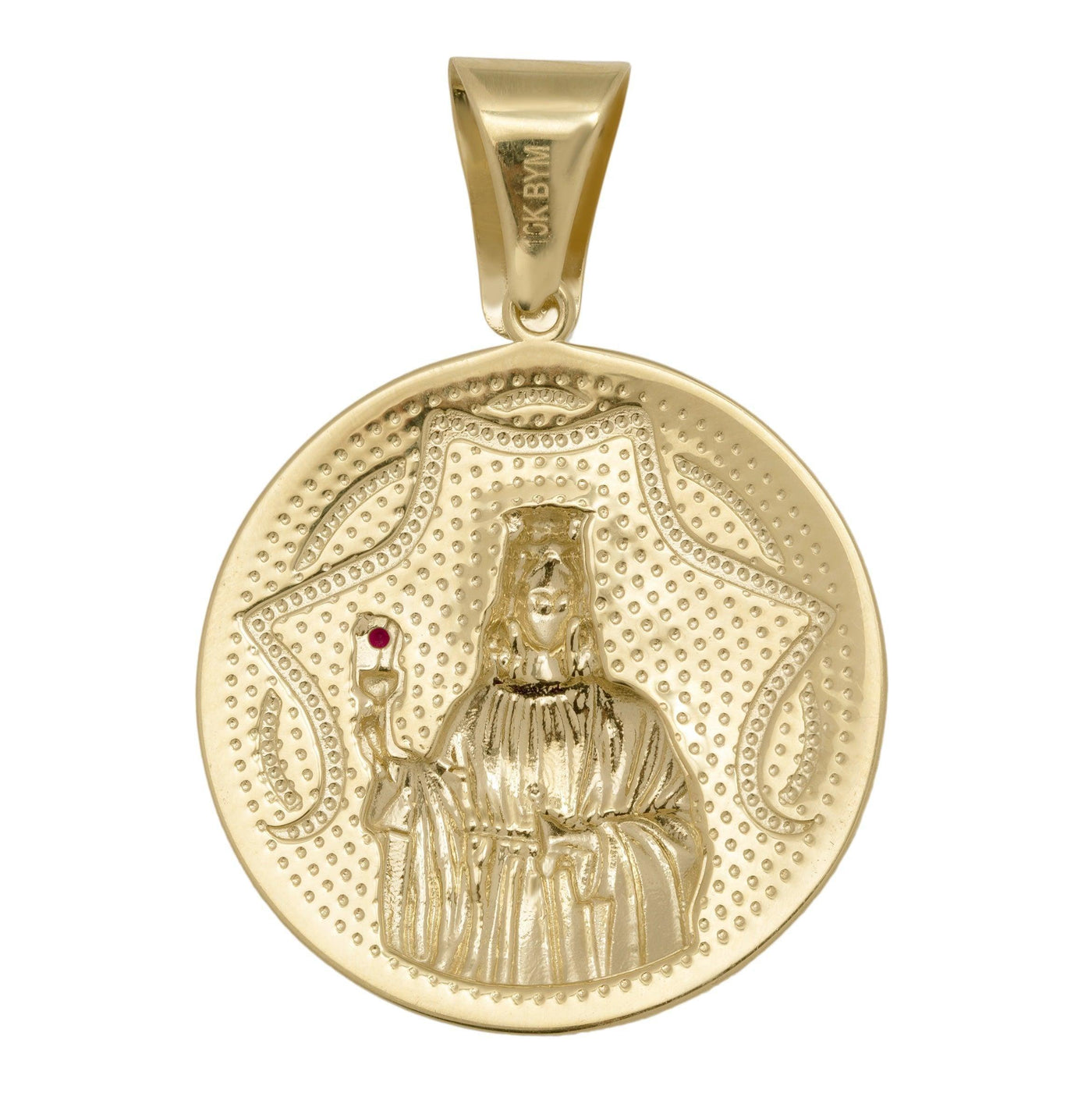 2" Saint Barbara Round Medallion Ruby Pendant Solid 10K Yellow Gold - bayamjewelry