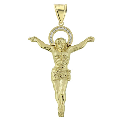 3 1/2" Jesus Body with Halo Pendant Diamond Cut 10K Yellow Gold - bayamjewelry