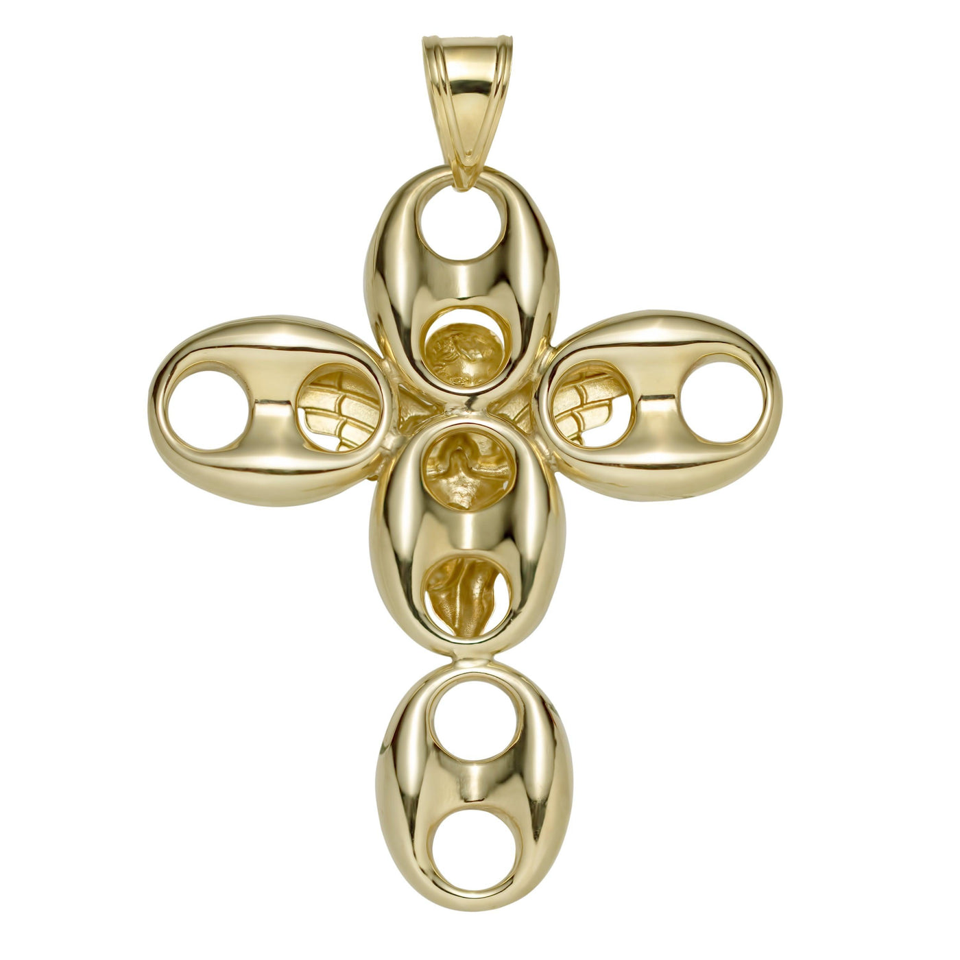 3 1/2" Puffed Gucci Link Angel Cross Pendant 10K Yellow Gold - bayamjewelry
