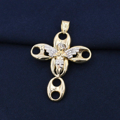 3 1/2" Puffed Gucci Link Angel Cross Pendant 10K Yellow Gold - bayamjewelry