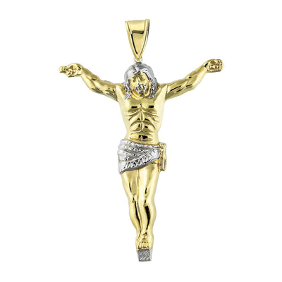 3 3/4" Mens Diamond Cut Crucifix Jesus Body Pendant 10K Yellow Gold - bayamjewelry