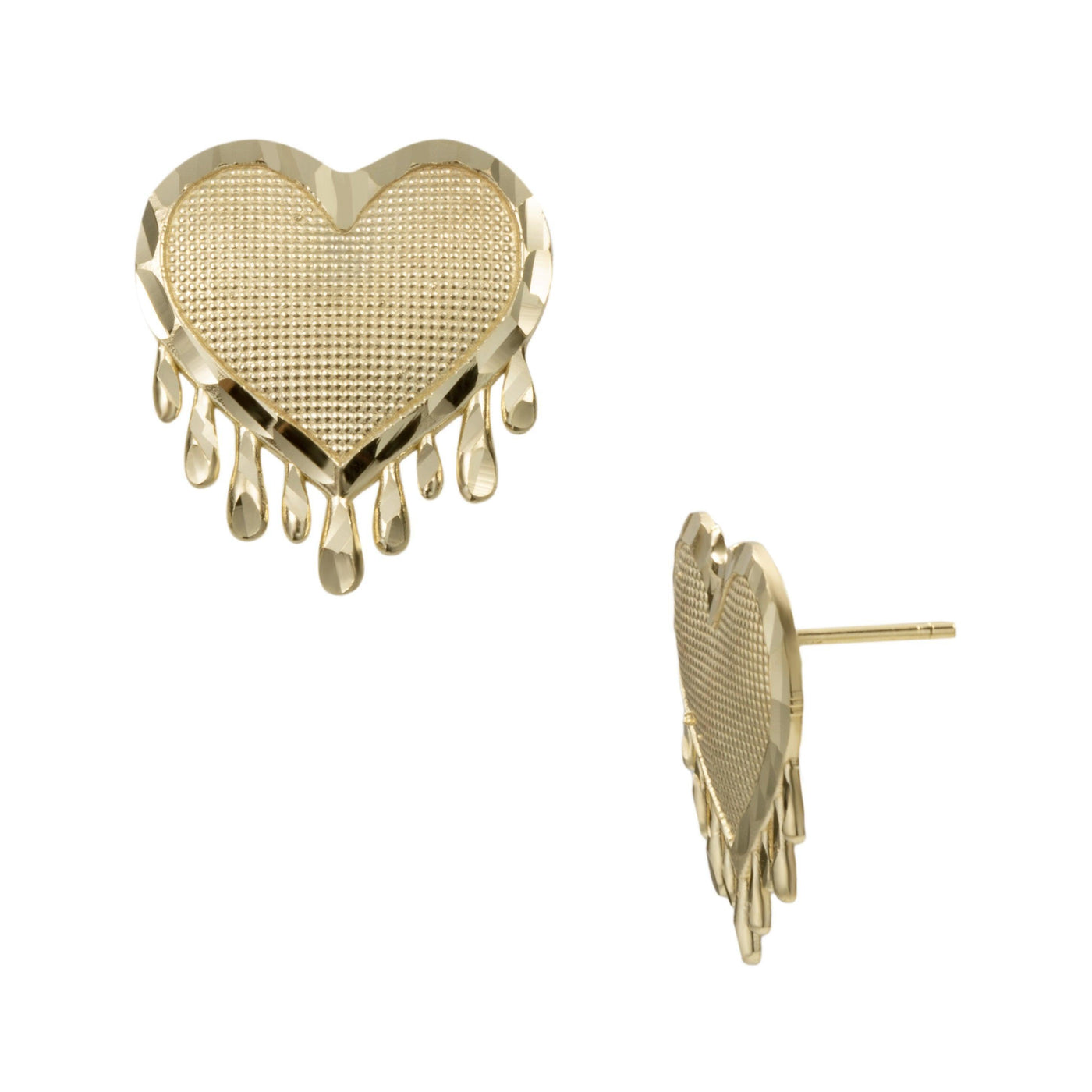 3/4" Diamond-Cut Dripping Heart Stud Earrings Solid 10K Yellow Gold - bayamjewelry