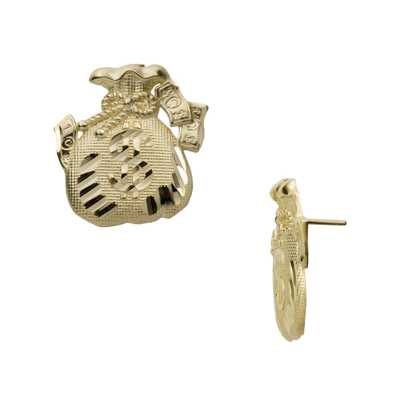 3/4" Diamond Cut Money Bag Stud Earrings Solid 10K Yellow Gold - bayamjewelry
