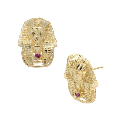 3/4" Pharaoh Egyptian King Ruby Stud Earrings Solid 10K Yellow Gold - bayamjewelry