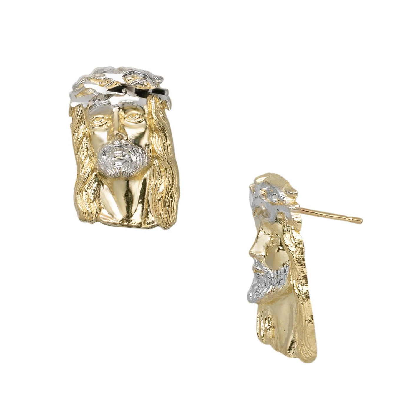 3/4" Two-Tone Jesus Textured Stud Earrings Solid 10K Yellow Gold - bayamjewelry
