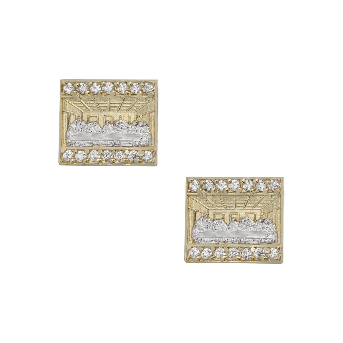 3/8" Rectangle Diamond Cut CZ The Last Supper Stud Earrings Solid 10K Yellow Gold - bayamjewelry