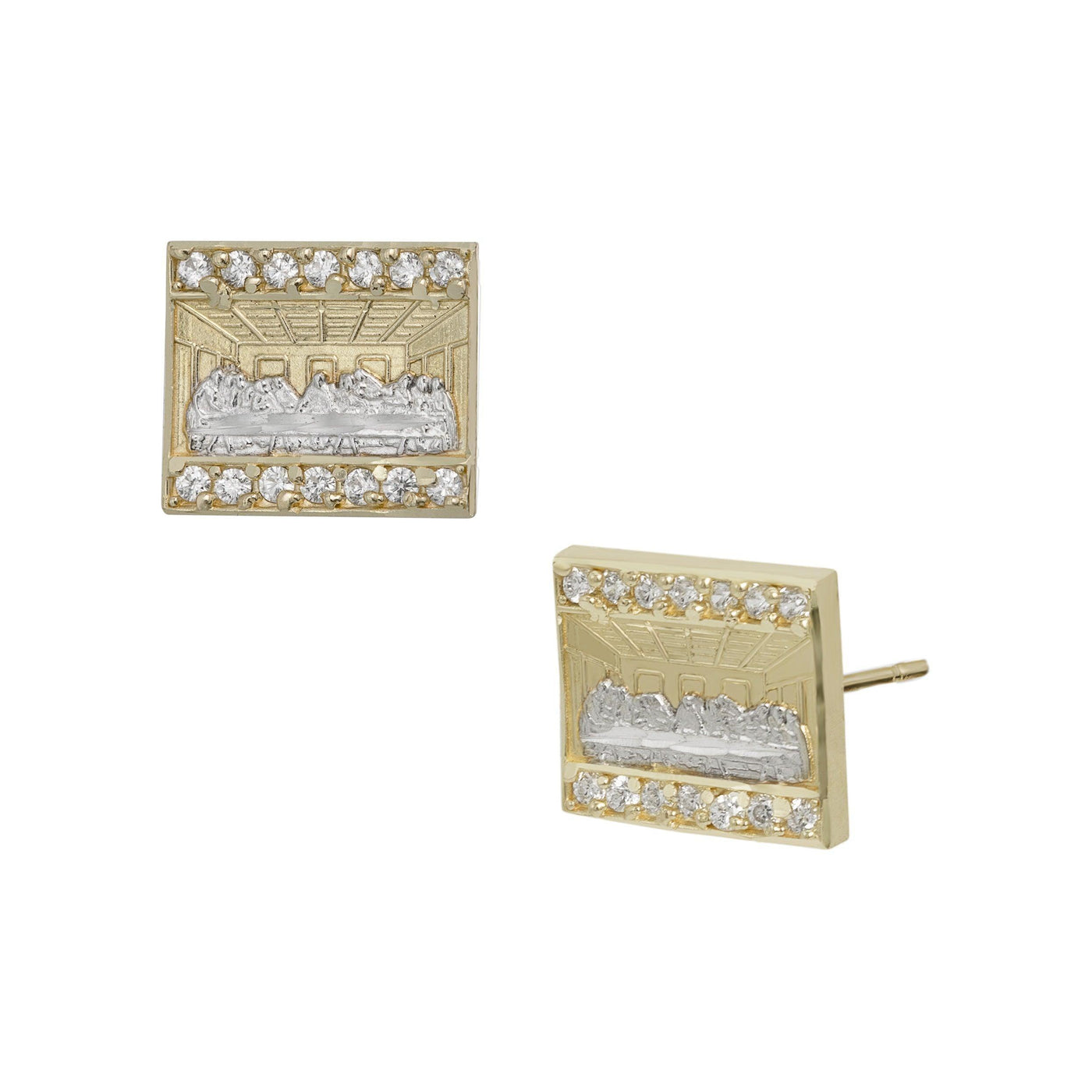 3/8" Rectangle Diamond Cut CZ The Last Supper Stud Earrings Solid 10K Yellow Gold - bayamjewelry