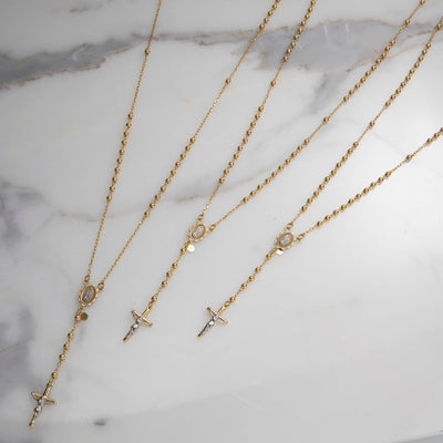 3mm Polished Cross Rosary Crucifix Chain Necklace 10K Yellow Gold - bayamjewelry