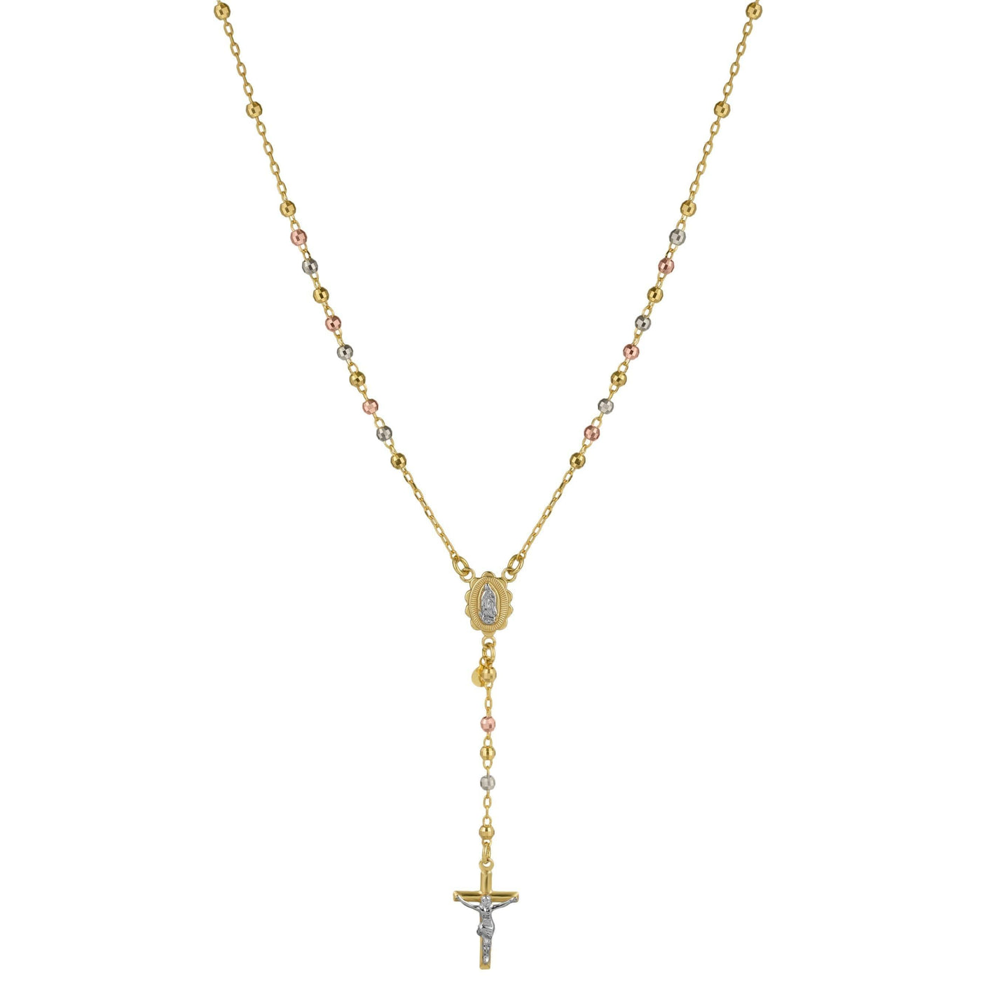3mm Tri-Color Diamond Cut Cross Rosary Crucifix Necklace 10K Tri Color Gold - bayamjewelry