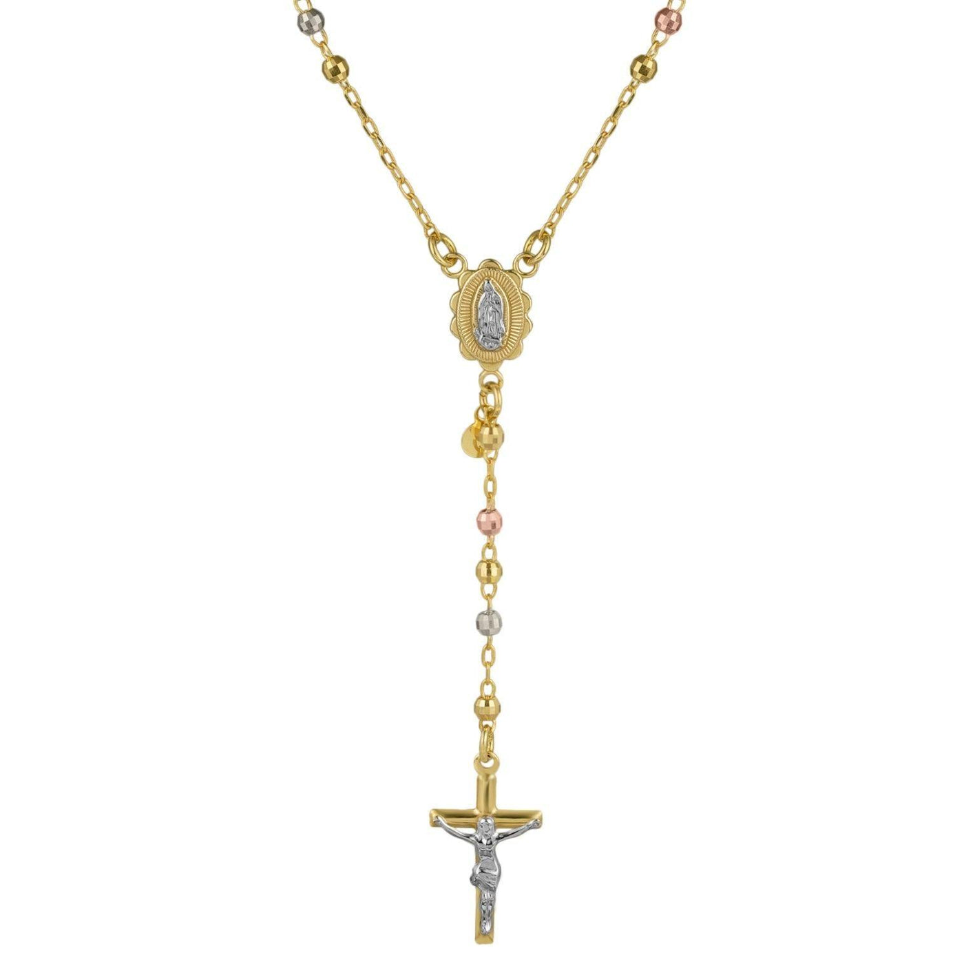 3mm Tri-Color Diamond Cut Cross Rosary Crucifix Necklace 10K Tri Color Gold - bayamjewelry
