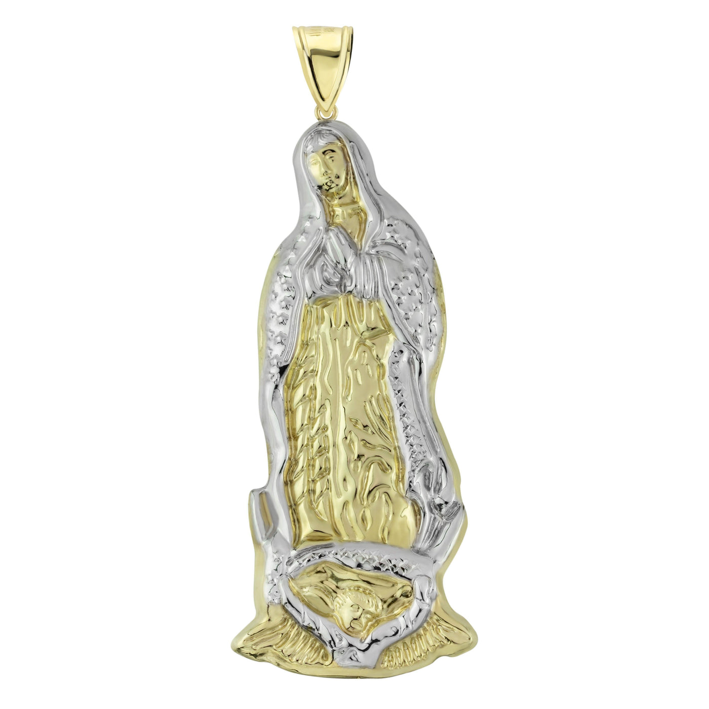 4 1/2" Lady Guadalupe Virgin Mary Pendant Diamond Cut 10K Yellow Gold - bayamjewelry
