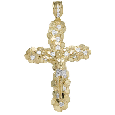 4 1/2" Nugget Style Textured Jesus Cross Pendant 10K Solid Yellow Gold - bayamjewelry