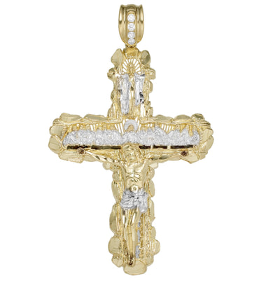 4 1/4" Last Supper Textured Jesus Cross Nugget Pendant Solid 10K Yellow Gold - bayamjewelry