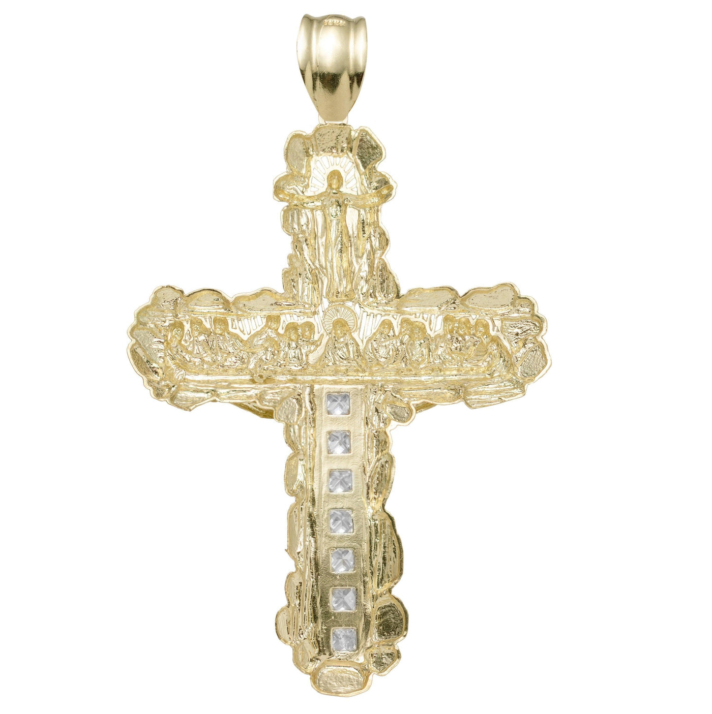4 1/4" Last Supper Textured Jesus Cross Nugget Pendant Solid 10K Yellow Gold - bayamjewelry