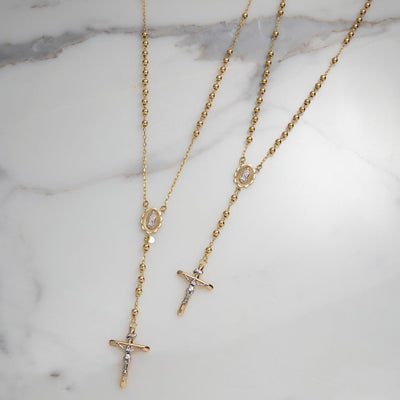 4mm Medallion Cross Rosary Crucifix Chain Necklace 10K Yellow Gold - bayamjewelry