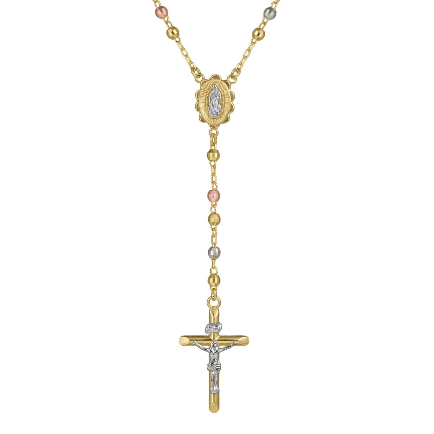 4mm Tri-Color Diamond Cut Cross Rosary Crucifix Necklace 10K Tri Color Gold - bayamjewelry
