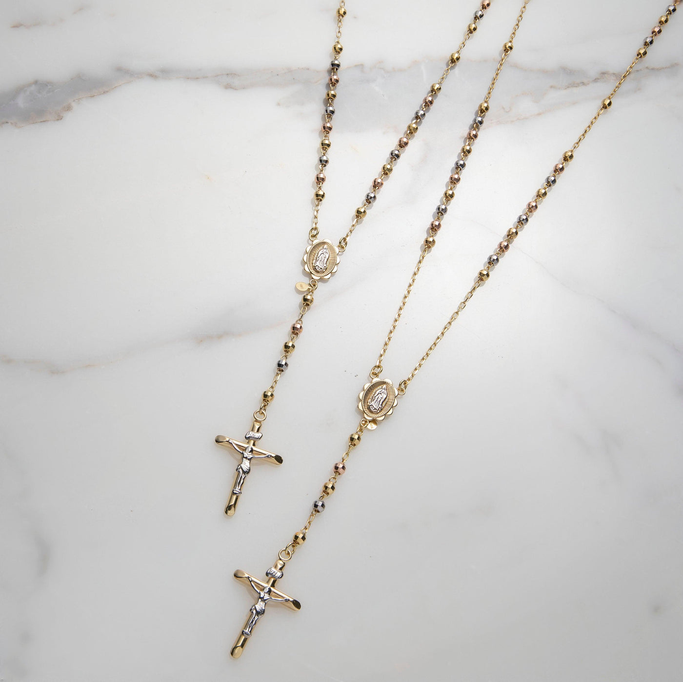 4mm Tri-Color Diamond Cut Cross Rosary Crucifix Necklace 10K Tri Color Gold - bayamjewelry
