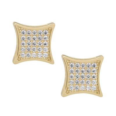 5/16" Women's Concave Square CZ Stud Earrings Solid 10K Yellow Gold - bayamjewelry